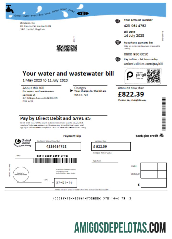 Projeto de lei de serviços públicos de água da United Utilities, SCR exemplo real